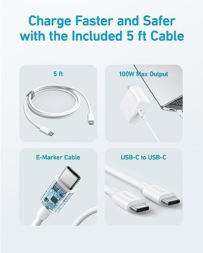 Powerful 100 W USB-C Charger for Mac Book Air & Pro – Compact, Foldable Design with 5 FT Cable – Rapid Charging & Universal Compatibility, Perfect for On-the-Go Professionals – Enhanced Safety Features with Active Shield Technology for Worry-Free Use