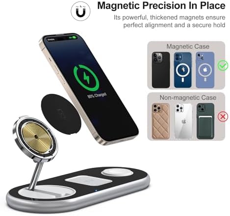 Sleek 3-in-1 Magnetic Charging Station for Apple Devices – Fast Mag-Safe Wireless Charger Stand for i Phone 16/15/14/13/12, Apple Watch, and Air Pods – Elegant Golden Design with Enhanced Compatibility and Safety Features
