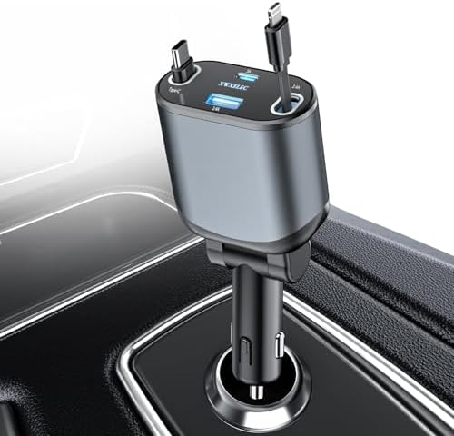Ultimate 4-in-1 Retractable Car Charger with USB-C Fast Charging Adapter [Max 80 W] – Dual Port Compatibility for i Phone 16/15/14/13/12/11 Pro Max Plus, i Pad, Air Pods, Galaxy, Google & GPS Devices – Compact Design for On-the-Go Power Solutions