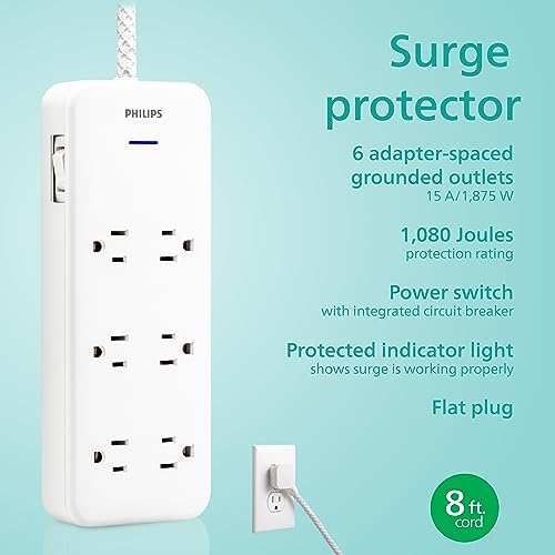 Philips EZFit Surge Protector with 3 Outlet Power Strip and 6 ft Braided Cord – Enhanced Charging Station Featuring 2 USB-A and 1 USB-C, 490 Joules of Surge Protection, Space-Saving Design in Sleek White for Home and Office Use