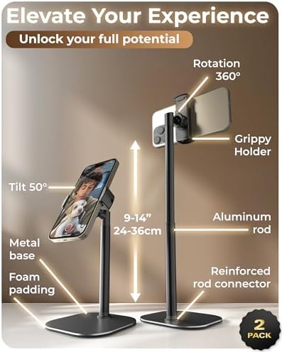 Cooper ChatStand Adjustable Cell Phone Stand for Desk & Video Recording, Rotating Cell Phone Holder for Desk for All iPhone, Samsung, Android, 9-14″ Face-Level Metal Desktop Tripod (Frost White) – Enhanced Compatibility and Speed