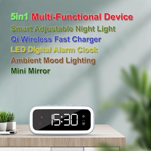 Revolutionary 5-in-1 Wireless Charging Station with Digital Clock, Night Light, and Temperature Display – 15 W Fast Charge for Qi Phones, Smartwatches & TWS Earbuds – Enhanced Safety Features and Space-Saving Design for Home or Travel