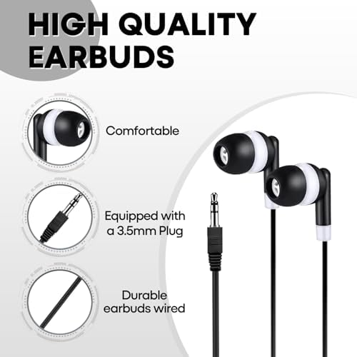 Bulk Earbud Headphones 50-Pack – Premium Wired Earphones for Classrooms & Group Learning, Exceptional Durability & Sound Quality, Perfect for Kids, Teens & Adults – Versatile Comfort for Family Activities & Educational Use (Black)