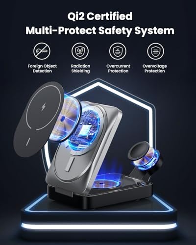 3-in-1 Qi2 Certified Wireless Charging Station – 15 W Fast Magnetic Charger for i Phone 16/15/14/13/12, Apple Watch, Air Pods – Foldable Design with 30 W USB-C Adapter for Ultimate Compatibility and Efficiency – Elevate Your Charging Experience with Enhanced Safety Features and Versatile Viewing Angles