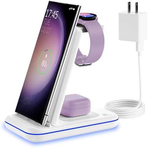 Fast Wireless Charging Station for Samsung Galaxy Devices – Multi-Device Charger for Galaxy S25 Ultra, S24, S23+, Z Flip 6/5, Fold 6/5, and Galaxy Watch 8/7/Pro/Active 2 – Sleek White Design for Effortless Organization and Speed – Perfect for Home and Office Use – Compatible with Galaxy Buds3/2 Pro for Ultimate Convenience