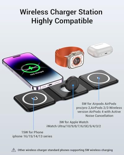 Ultimate 3-in-1 Magnetic Wireless Charging Station – Fast and Portable Mag-Safe Charger for i Phone 16/15/14/13/12 Series, Apple Watch & Air Pods with Adapter Included – Compact Design for Effortless Travel and Enhanced Device Compatibility