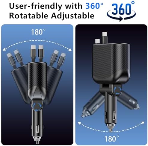 OHLPRO 168 W Retractable Car Charger Adapter – 5-in-1 Fast Charging Solution with Universal USB-C & USB i Ports, Built-in Replaceable Fuse for Enhanced Safety, Ideal for Smartphones, Tablets, GPS & More – Compact Design for Effortless Storage and Convenience