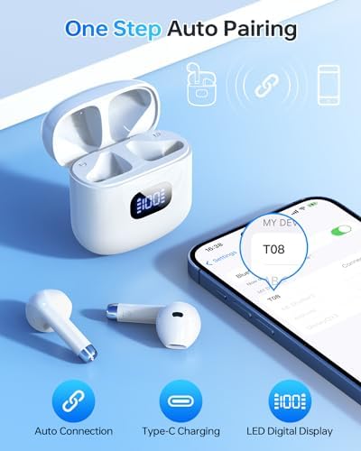 Premium Bluetooth 5.3 Wireless Earbuds with 40-Hour Playtime | IPX7 Waterproof In-Ear Headphones for Sports and Everyday Use | Ergonomic Comfort Fit with Superior Sound and Clear Calls | Sleek White Design with LED Charging Case | Universal Compatibility for All Devices
