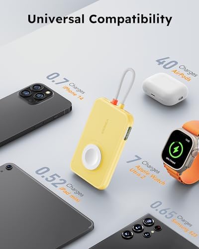 VEGER 5000 m Ah Mini Power Bank with Built-in Cable – PD 20 W Fast Charger for i Phone 14/13/12/Pro Max, Android Devices & Apple Watch – Lightweight Travel Essential in Vibrant Yellow – Ultimate Charging Solution for On-the-Go Connectivity