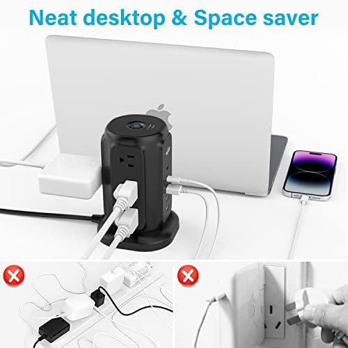 Maximize Your Power Potential with Ai Joy’s Space-Saving Flat Plug Power Strip Tower – 9 Outlets & 5 USB Ports (2 USB-C) for Rapid Charging, 1200 Joules Surge Protection, 6.5 Feet Extension Cord – Ideal for Home, Office, and Dorm Use – Durable, Efficient, and Compact Design for Uncluttered Charging Solutions