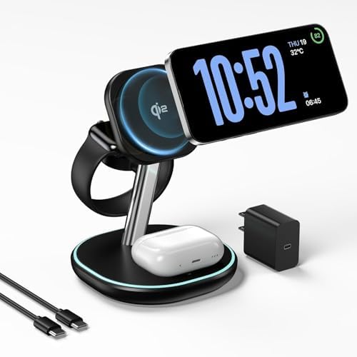 Ultimate 3-in-1 Wireless Charging Station: 15 W Fast Charger for i Phone 16/15/14/13/12, Apple Watch & Air Pods – Adjustable Viewing Stand with Sleep-Friendly Light for Enhanced User Experience (Black) – Rapid, Safe Power Delivery with Multi-Protection Features