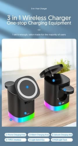 MQOUNY 3-in-1 Magnetic Wireless Charging Station for Apple Devices – Fast Mag-Safe Charger Stand for i Phone 14/13/12/11, Samsung, Apple Watch, and Air Pods with QC3.0 Adapter – Superior Compatibility and Stylish Design for Effortless Charging
