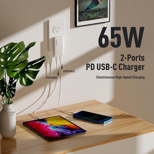 Sleek 65 W Dual-USB C Travel Charger – Portable Foldable Power Adapter with PD3.0 and PPS Technology for Rapid Charging of Mac Book, i Pad Pro, i Phone 16, Samsung Galaxy Book S25, LG Gram, XPS, Pixel 9 Pro – Unmatched Compatibility and Efficiency