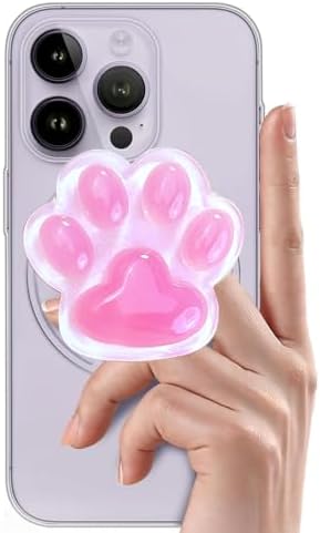 Cute Luminous Pink Cat Paw Magnetic Phone Grip Compatible with MagSafe,Kawaii 3D Shinny Phone Holder Stand for Kindle & iPhone – Adatper Iron Piece Included – Enhanced Compatibility and Speed