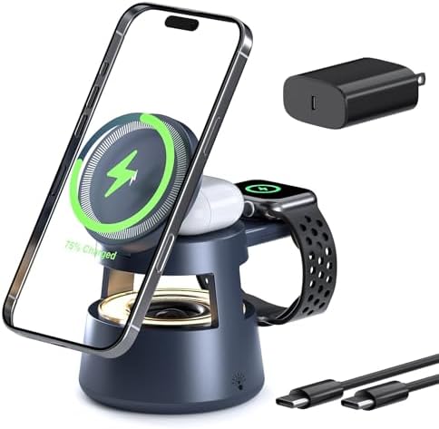 Transform Your Charging Routine with the Ultimate 3-in-1 Magnetic Wireless Charging Station – Seamlessly Power i Phone, Air Pods, and Apple Watch, Featuring Built-in Bluetooth Speaker and Soft Night Light, Foldable Design for Effortless Portability, 20 W Fast Charging Adapter Included for Enhanced Performance