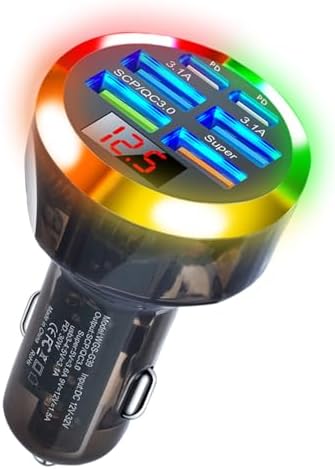 Ultimate 6-in-1 USB-C Car Charger Adapter with Voltage Display – 250 W Multi-Port Fast Charging Solution for i Phone 16 Pro Max, Samsung Galaxy, and Android Devices – Real-Time Power Monitoring and Enhanced Safety Features for Efficient Travel Charging