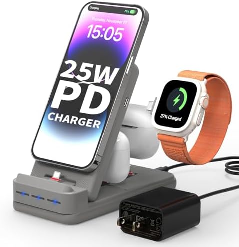 MSTJRY 4-in-1 Fast Charging Station for Apple Devices – Foldable 25 W PD Charger for i Phone 14/13/12/11/X/8, Apple Watch & Dual Charging for Air Pods – Space-Saving, High-Speed Charging Dock for Multi-Device Solutions