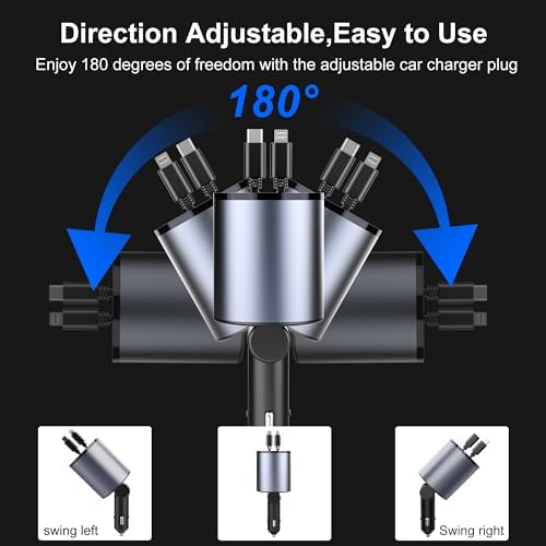 Fast Charge 4-in-1 Retractable USB C Car Charger Adapter – 100 W Power Delivery for i Phone 15 Pro Max, 14, 13, 12 – Tangle-Free Convenience, Enhanced Compatibility, and Safety Features – Ideal for Road Trips and Family Adventures