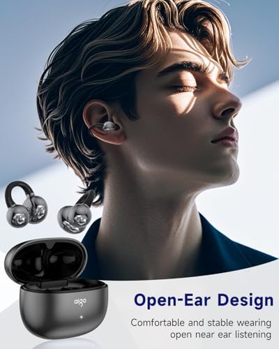 aigo CA05 Open Ear Bluetooth 5.4 Earbuds – Waterproof Wireless Headphones with Clip-On Design, 50 Hours Playtime & Noise Reduction for i Phone, Android, and Laptop – Perfect for Active Lifestyles & Clear Conversations in Vibrant Purple