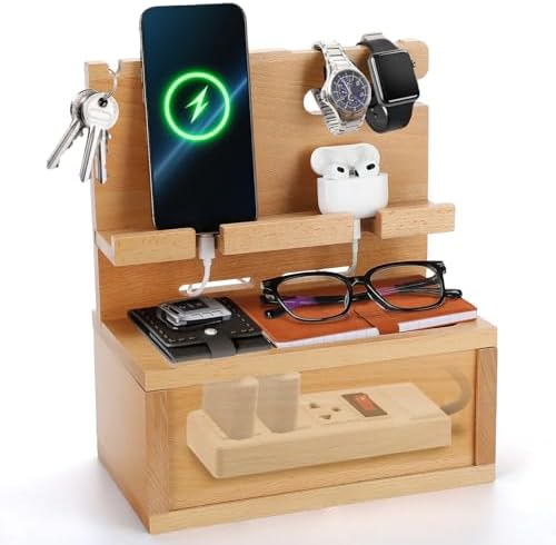 Sustainable Beechwood Nightstand Organizer with Integrated Cable Management – Elegant Phone Docking Station for Men, Boyfriends, and Husbands – Ideal Gift for Birthdays and Anniversaries in Light Yellow – Enhances Organization and Style