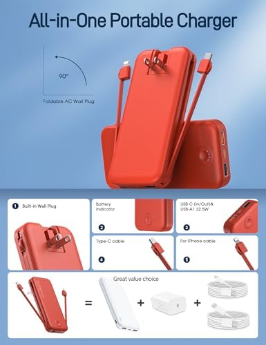 Ultra-Fast Charging Portable Power Bank with Built-In Cable and AC Plug – 12,000 m Ah USB C Travel Charger for i Phone and Android Devices – Lightweight, Compact Design for On-the-Go Power Solutions