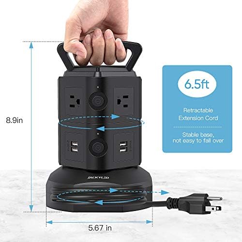 JACKYLED Power Strip Tower Surge Protector with 12 Outlets and 6 USB Ports (2 USB-C) – High-Speed Charging Station with 1050 Joules Protection, 1625 Watts, 6.5 ft Extension Cord for Enhanced Home Office Efficiency and Device Safety