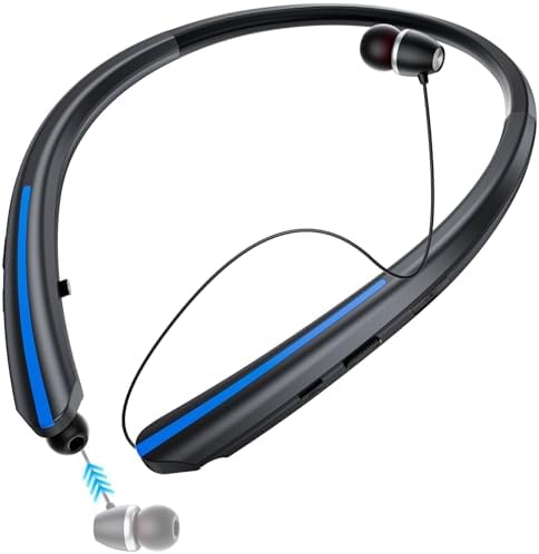 Elevate Your Active Lifestyle with Retractable Bluetooth Neckband Headphones – IPX5 Sweatproof Earbuds Featuring Noise Cancelling Technology, Vibration Alerts, and Built-in Microphone for Ultimate Hands-Free Convenience During Sports and Workouts (Black Blue) – Unmatched Performance and Compatibility for Audiophiles on the Go