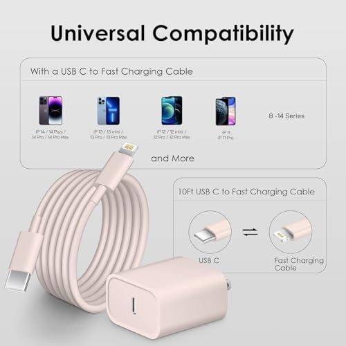 Ultimate Fast Charging Solution for i Phone: MFi Certified 10 FT Type C Charger 2-Pack with 20 W USB-C Power Adapter – Optimal Compatibility for i Phone 14, 13, 12, 11, XS, XR, X & 8 Plus – Experience Unmatched Speed and Durability for All Your Charging Needs