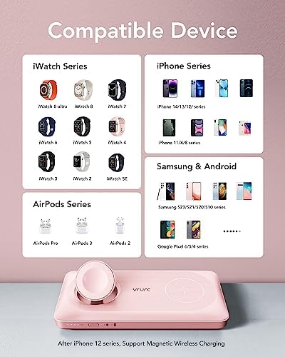 VRURC 10000 m Ah Magnetic Portable Charger – 3-in-1 Fast Wireless Charger for i Phone 14/13/12 Series, Apple Watch & Air Pods – 22.5 W Quick Charge Power Bank in Stylish Pink – Ultimate On-the-Go Charging Solution with Enhanced Compatibility
