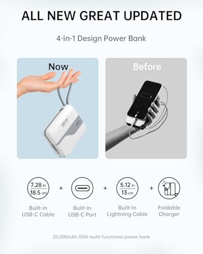 W&P Ultimate Travel Power Bank: 20,000 m Ah Portable Charger with Built-in Cables & AC Plug for 35 W Fast Charging – Ideal for i Phone 16/15/14/13/12 Pro, i Pad, Mac Book Air & Samsung Devices, Your Essential On-the-Go Power Solution