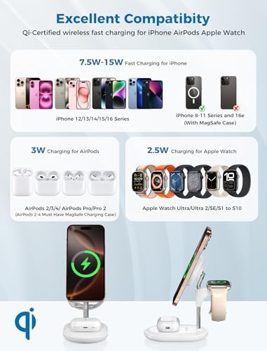 All-in-One Wireless Charging Station for Apple Devices – 15 W Fast Qi-Certified Mag-Safe Charger for i Phone 16, 15, 14, 13, 12, Apple Watch & Air Pods – Adjustable Viewing Angle, Ideal Gift for Women – Enhance Your Charging Efficiency and Style