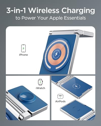 Hohosb Foldable 3-in-1 Magnetic Wireless Charger Station – Premium Zinc Alloy Design for i Phone 15/14/13/12, Air Pods Pro/3/2, and Apple Watch – Mag Safe Compatible, Fast Charging, and Travel-Friendly Solution for All Your Devices (Blue)
