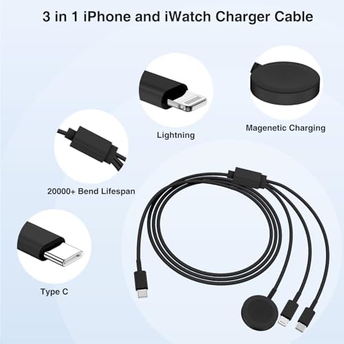 Ultimate 3-in-1 Magnetic Charger for Apple Watch – Fast USB-C Charging Cable for i Phone & i Pad Compatibility – 6 FT Versatile Length for All Apple Watch Series – Durable Design for Effortless Home and Travel Charging