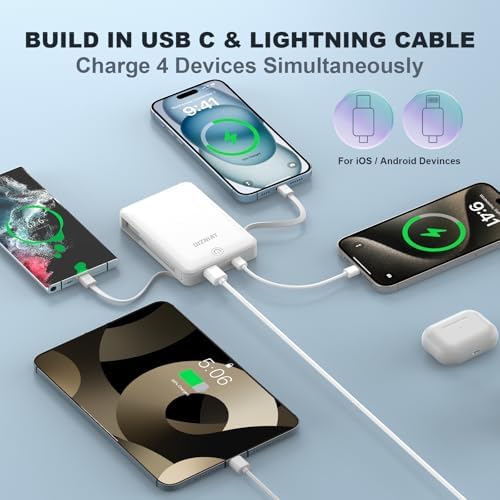 Premium 10000 m Ah Slim Portable Power Bank with Dual Built-In Cables – Fast 22.5 W Quick Charge for i Phone 11-16 & Android Devices – Ultra-Lightweight Travel Companion with 4 Outputs – Complete Charging Solution Including Wall Charger & Organizer – Versatile Compatibility for All Your Gadgets