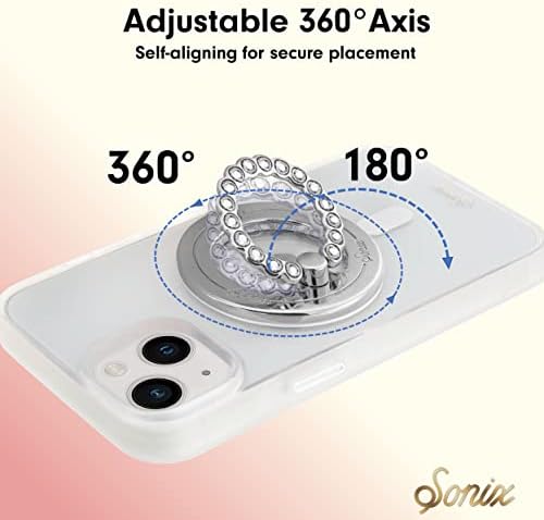 Elevate Your i Phone Experience with the Sonix Magnetic Phone Grip – Stylish Rhinestone Ring Holder for i Phone 12, 13, 14, 15 Series – Effortless 360° Rotation and Secure Mag Safe Compatibility – Sleek Silver/Clear Design for Ultimate Functionality and Fashion