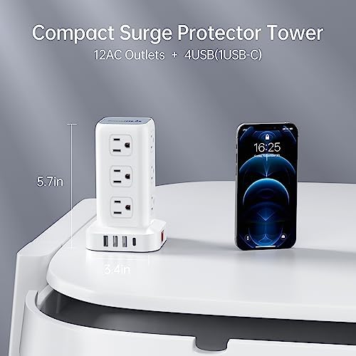 Elevate Your Charging Efficiency with the 12-Outlet Tower Surge Protector Power Strip – 6.5 Feet Extension Cord, 4 USB Ports Including USB-C, Compact Charging Station for Office and Home, Enhanced Surge Protection for Ultimate Device Safety