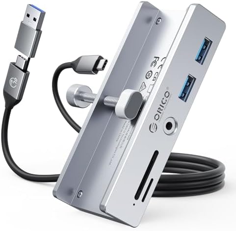 Upgrade Your Digital Experience with the ORICO USB Hub 3.0 – Stylish Aluminum Clamp Adapter Featuring Dual High-Speed USB-A Ports, 3.5 mm AUX for Superior Audio, and SD/TF Card Reader for Effortless Media Transfers, Ideal for Modern Desktops