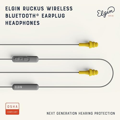 Elgin Ruckus OSHA Compliant Wireless Bluetooth Earplug Headphones – Advanced Noise Cancelling Earbuds with 25 d B Hearing Protection, 12-Hour Battery Life, and IP65 Sweatproof Design for Professionals – Superior Audio Clarity and Communication for Workplace Safety and Outdoor Adventures