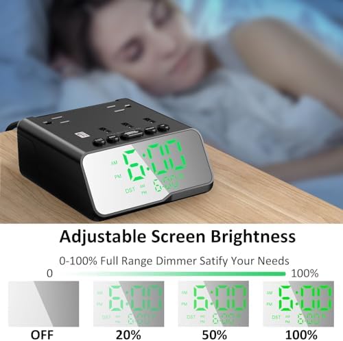 Smart USB Charging Alarm Clock with Power Strip, 6 FT Cord – Multifunctional Bedside Station Featuring 4 USB Ports & 2 Outlets for Home, Hotel, or Travel – Adjustable Brightness & ON/OFF Control for Ultimate Convenience and Fast Device Charging