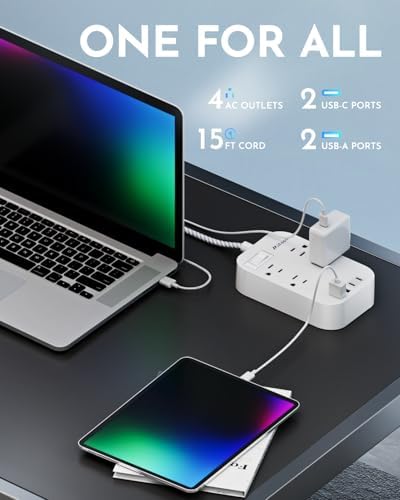 Versatile 10 Ft Braided Power Strip with Flat Plug – 4 Outlets & 3 USB Charging Ports for Effortless Device Management, Overload Protection, and Space-Saving Wall Mount Design for Home and Office Use