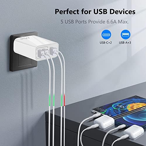 Ultimate European USB C Charger 6.6 A Duo Pack – High-Speed 20 W PD & QC 3.0 Fast Charging Multi-Port Adapter with 2 USB-C and 3 USB-A Ports, Perfect for i Phone 16/15/14/13/12/11 Pro Max, XS, XR, X, SE, 8 Plus & Samsung Devices – Travel-Friendly Plug-in Solution for Efficient Power Delivery and Enhanced Device Compatibility