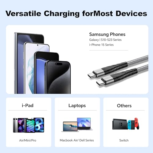 Transform Your Charging Experience with 5-Pack 6.6 FT USB C to USB C Cables – High-Speed 60 W Fast Charge, Durable Nylon Braided Design, and Universal Device Compatibility for i Phone, Mac Book, Samsung, and More!