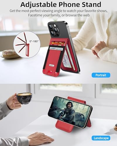 Magsafe Wallet Stand for iPhone 16/15/14/13/12 Series, Adjustable Stand with ID Window, 4 Card Slots, 10 Card Holder, Vegan Leather RFID Blocking Wallet, Red – Enhanced Compatibility and Speed