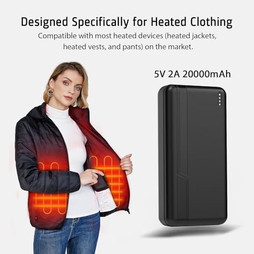 Ultimate 20000 m Ah Rechargeable Power Bank for Heated Apparel – Fast 5 V 2 A Battery Pack for Vests, Jackets & Hoodies – Lightweight & Portable Charger for Outdoor Comfort – Not Compatible with 7.4 V Heated Gear – Safety Features for Reliable Performance