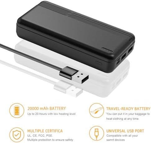 Ultimate 20000 m Ah Rechargeable Power Bank for Heated Apparel – Fast 5 V 2 A Battery Pack for Vests, Jackets & Hoodies – Lightweight & Portable Charger for Outdoor Comfort – Not Compatible with 7.4 V Heated Gear – Safety Features for Reliable Performance