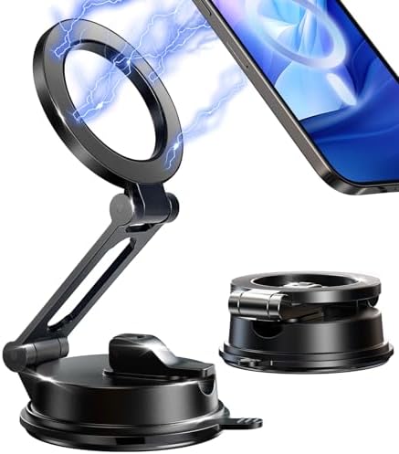 Mag Safe-Compatible Vacuum Suction Car Phone Holder – Versatile Magnetic Mount with Aerospace Alloy Arm for Tesla, Gym, Shower, and Smooth Surfaces – Secure Dashboard/Windshield Screen Solution for i Phone – 360-Degree Rotation for Optimal Viewing Angles and Hands-Free Safety