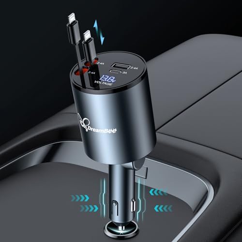 Ultimate 68 W 4-in-1 Retractable Car Charger – Rapid Dual USB Charging Adapter for i Phone 15/14/13/12 Pro Max, Samsung, Pixel & More – Tangle-Free Cables (31.5 inches) for On-the-Go Convenience and Enhanced Device Compatibility