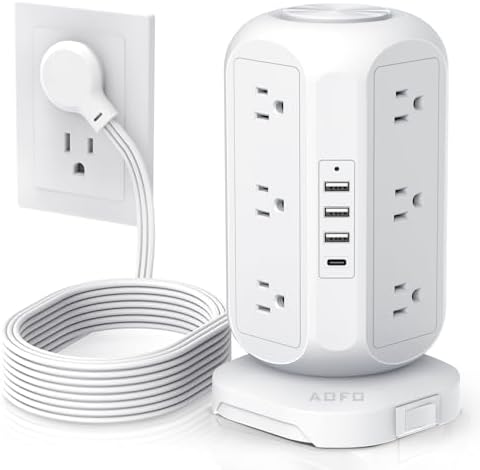 Revolutionize Your Charging Experience with the AOFO Power Strip Tower: 12 AC Outlets & 4 USB Ports (1 USB-C) Surge Protector with 10 Ft Extension Cord, Overload Protection, and Bulky Plug Compatibility for Home, Office, and Dorm Efficiency.