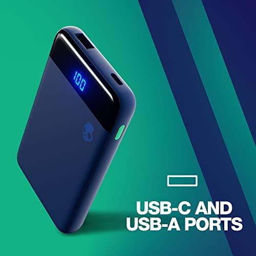 Skullcandy Stash Mini 5000 m Ah Portable Charger – Ultra-Compact Power Bank with Dual 12 W USB A & C Ports, Includes USB A to Micro USB/Type C Cable – Lightweight and Stylish Blue/Green Design for On-the-Go Charging