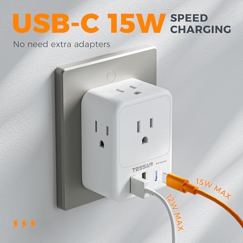 TESSAN Surge Protector Wall Outlet Extender with 3 AC Ports & 3 USB Charging Blocks (Including USB-C) – Multi Plug Wall Charger for Enhanced Device Connectivity in Home, Office, Dorm & School – Fast Charging & Compact Design for Ultimate Convenience